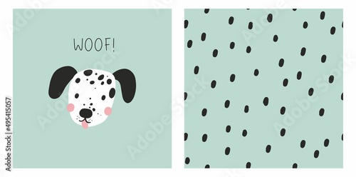 Cute cartoon dog - vector illustration. Love my pets. Dalmatian seamless pattern