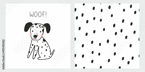 Cute cartoon dog - vector illustration. Love my pets. Dalmatian seamless pattern