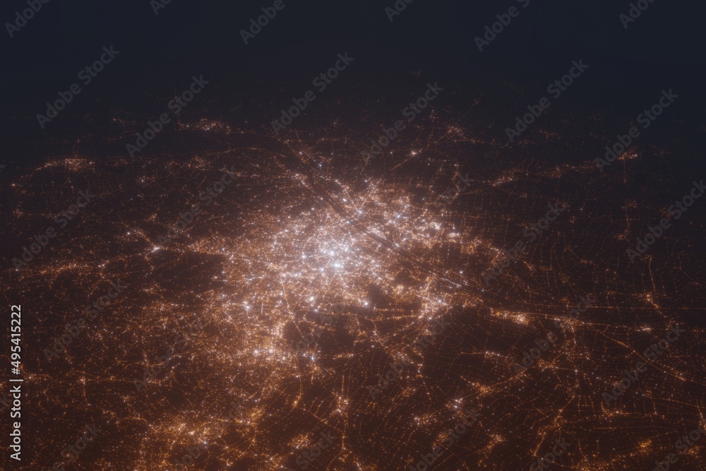 Aerial shot of Vienna (Austria) at night, view from south. Imitation of satellite view on modern city with street lights and glow effect. 3d render