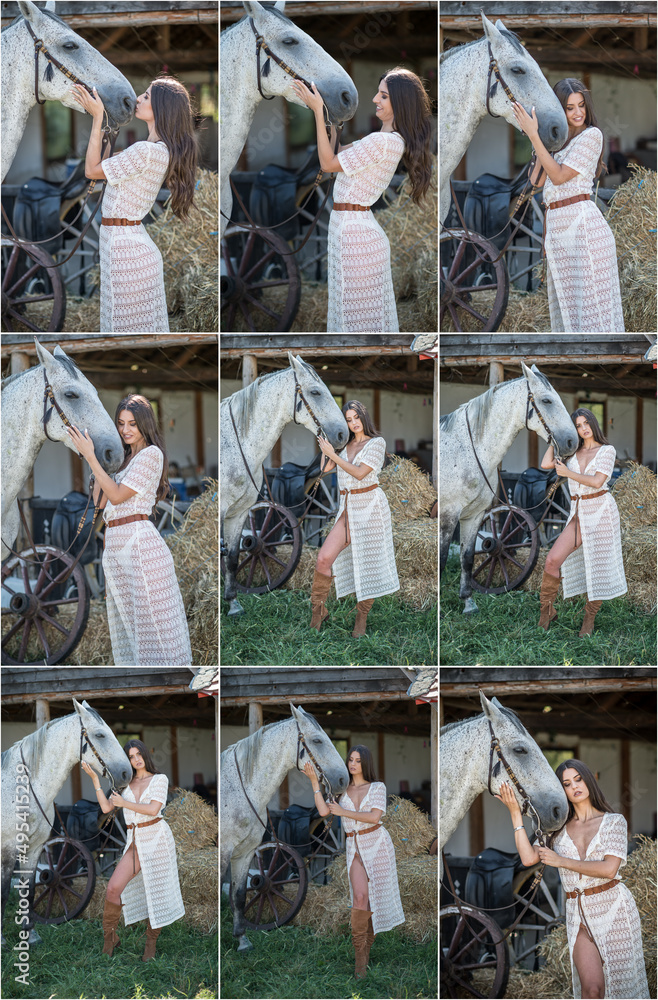 Beautiful brunette woman with long hair and long white dress riding on a white horse. Sensual and attractive girl with brown boots interacting and having fun with a horse at the ranch