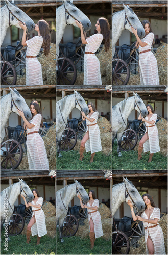 Obraz na płótnie Beautiful brunette woman with long hair and long white dress riding on a white horse. Sensual and attractive girl with brown boots interacting and having fun with a horse at the ranch w salonie
