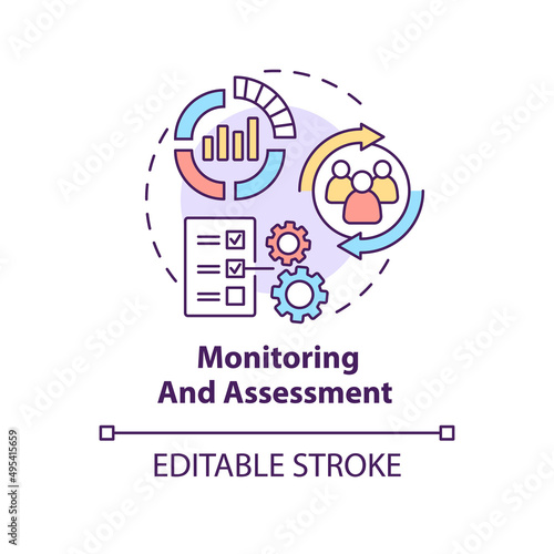 Monitoring and assessment concept icon. Evaluate progress. Social planning stage abstract idea thin line illustration. Isolated outline drawing. Editable stroke. Arial, Myriad Pro-Bold fonts used