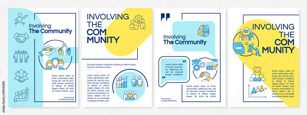 Involving community blue and yellow brochure template. Social planning. Leaflet design with linear icons. 4 vector layouts for presentation, annual reports. Questrial, Lato-Regular fonts used - obrazy, fototapety, plakaty 