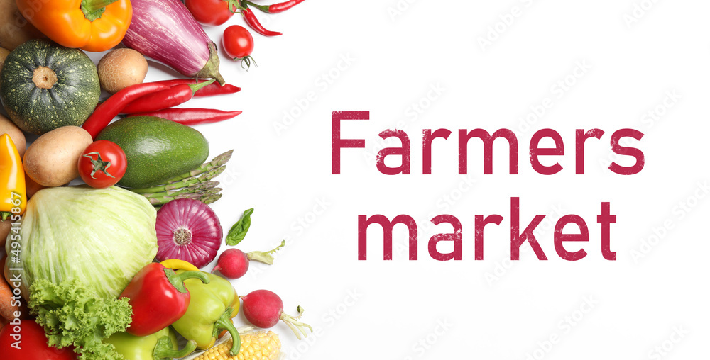 Flat lay composition with fresh vegetables on white background, banner design. Farmers market