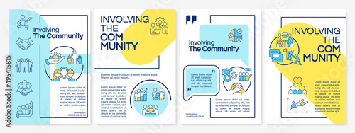 Involving community blue and yellow brochure template. Social planning. Leaflet design with linear icons. 4 vector layouts for presentation, annual reports. Questrial, Lato-Regular fonts used