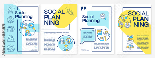 Social planning blue and yellow brochure template. Development and changes. Leaflet design with linear icons. 4 vector layouts for presentation, annual reports. Questrial, Lato-Regular fonts used