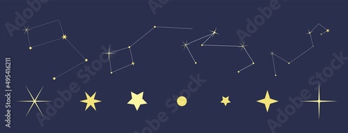 Vector set of constellations and stars in linear style. Spiritual celestial space, horoscope, cosmic, astrology, talisman of the magical galaxy. Mystical Collection