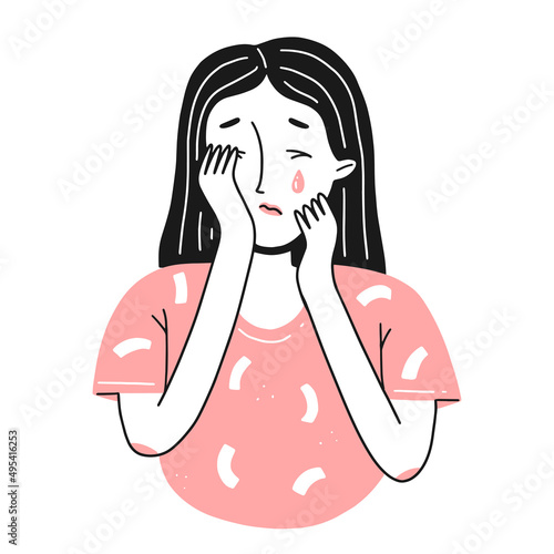 Portrait of a young sad crying girl in a simple doodle style. Vector isolated illustration.