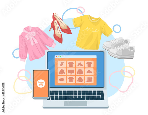 オンラインショッピングのコンセプトイラスト. インターネットで洋服や靴を購入. ファッションの買い物.