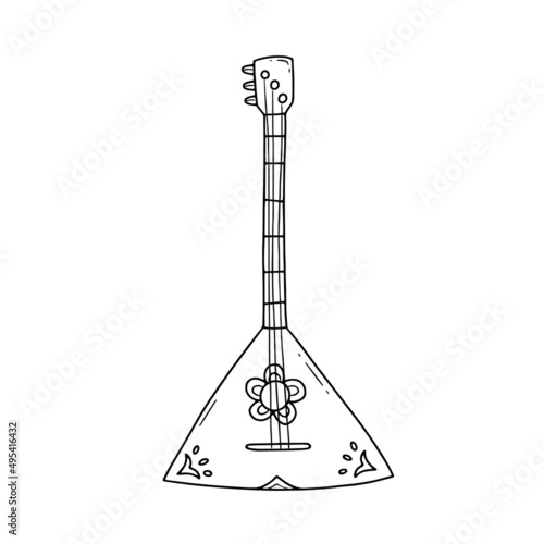 Russian folk instrument balalaika with patterns in a simple linear doodle style. Vector isolated illustration.