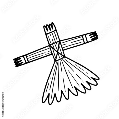 A straw doll or a scarecrow in a dress in a simple linear doodle style. Vector isolated illustration.