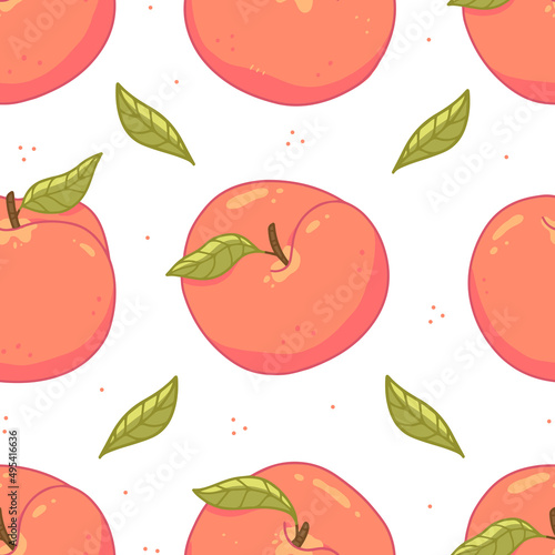 Fototapeta Naklejka Na Ścianę i Meble -  Seamless fruit pattern with peaches and leaves and dots on a white background. Vector illustration background.