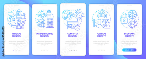 National security dimensions blue gradient onboarding mobile app screen. Walkthrough 5 steps graphic instructions pages with linear concepts. UI, UX, GUI template. Myriad Pro-Bold, Regular fonts used