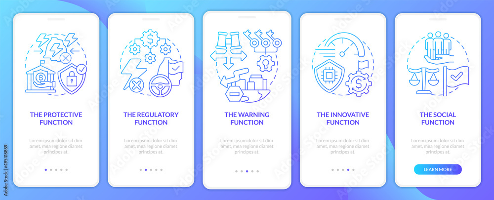 Functions of economic safety blue gradient onboarding mobile app screen. Walkthrough 5 steps graphic instructions pages with linear concepts. UI, UX, GUI template. Myriad Pro-Bold, Regular fonts used