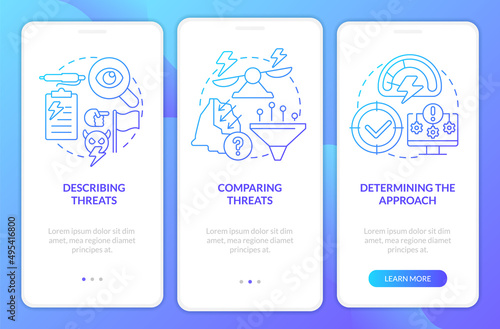 Dealing with threats blue gradient onboarding mobile app screen. Walkthrough 3 steps graphic instructions pages with linear concepts. UI, UX, GUI template. Myriad Pro-Bold, Regular fonts used