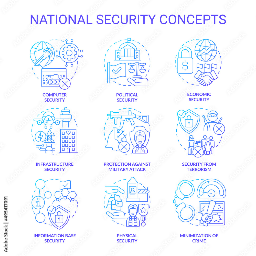 National and international security blue gradient concept icons set. Countries safety idea thin line color illustrations. Isolated symbols. Editable stroke. Roboto-Medium, Myriad Pro-Bold fonts used