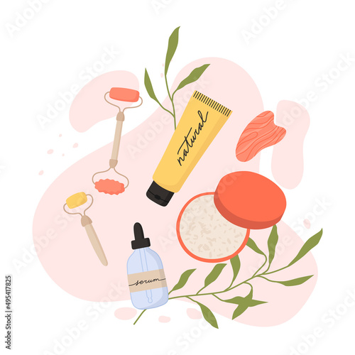 Skin care concept. Cosmetic products and tropical leaves top view. Serum, cream, gua sha roller and stone. Woman skincare daily beaty routine, hygienic procedure. Cartoon flat vector illustration