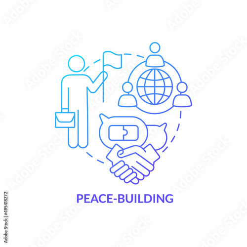 Peace-building blue gradient concept icon. Constructive partners relationships. Community security abstract idea thin line illustration. Isolated outline drawing. Myriad Pro-Bold font used