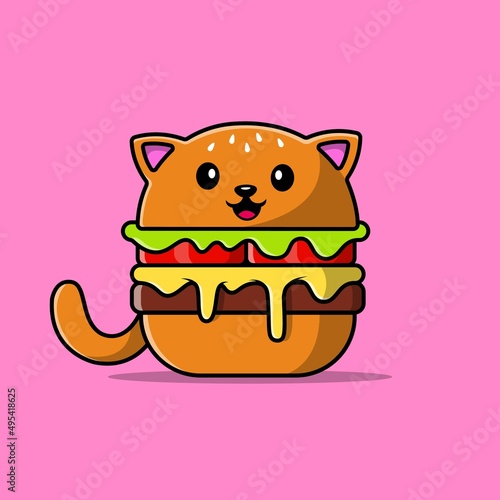 Cute Cat Burger Cartoon Vector Icon Illustration. Animal Food Icon Concept Isolated Premium Vector. Flat Cartoon Style