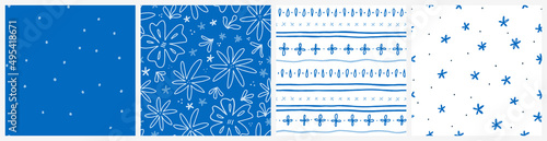 Whimsical meadow seamless pattern set. Country, rustic, folk style floral, ditsy, polka dot fabric design. Hand drawn vector flowers and lines in blue and white colours.
