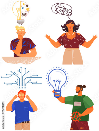 Mindset types set structural, analytical, logical and creative artistic personality predisposition, people with different thinking concept. Mind behavior, mental perceiving, psychological concept