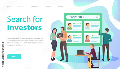 Landing page of business website. Search for investors concept. People searching sponsors for project or startup. Colleagues choosing candidate from board with investor cards, money in bank accounts