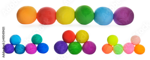 Set with different colorful play dough on white background. Banner design