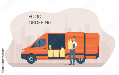 The courier unloads the order with products from the cargo van. Vector illustration.