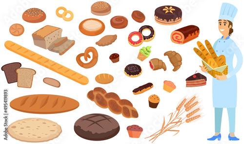 Professional bread maker holding fresh baguettes and loaves. Bakehouse worker with hot bakery. Woman stands with basket of bread next to various pastries, desserts, cakes vector illustration