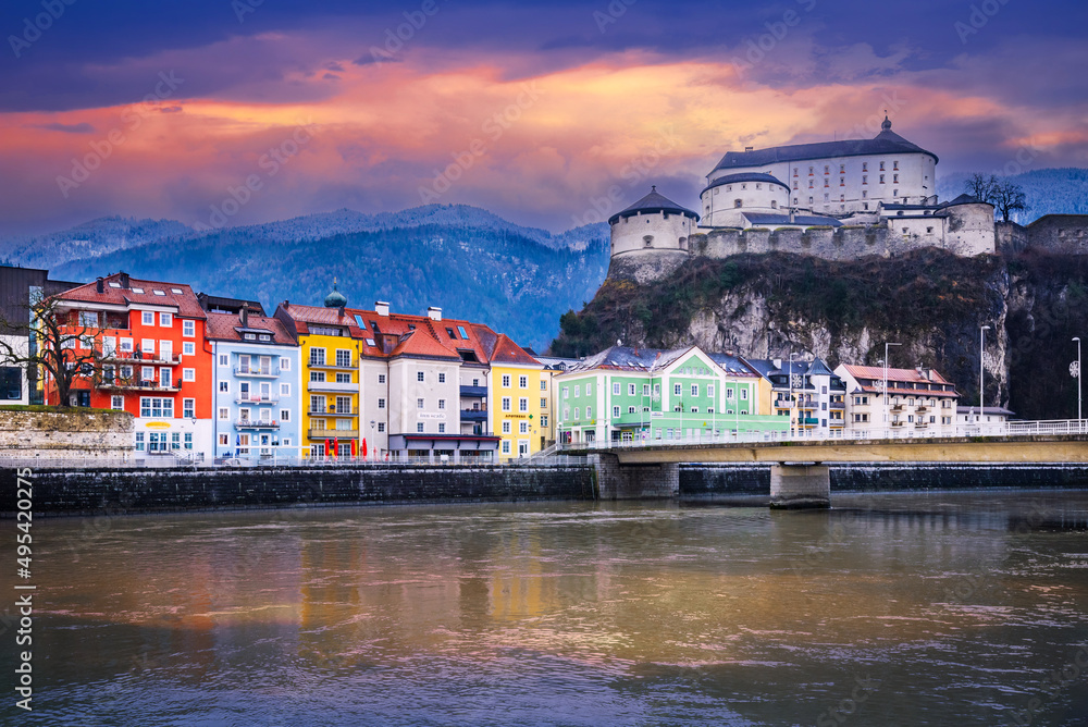 Kufstein, Austria - Cloudy landscape with colored houses, oldtown.