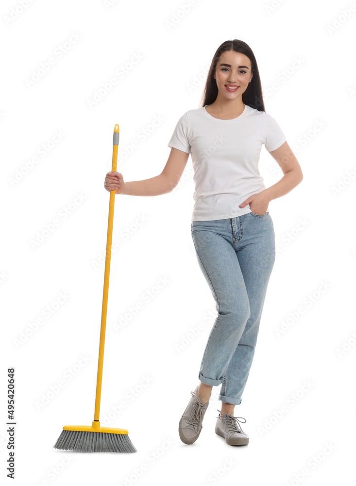 Beautiful young woman with broom on white background Beautiful young woman with broom on white background