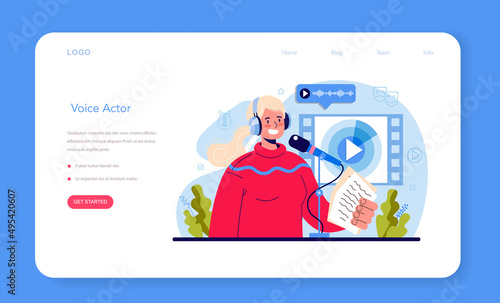 Voice actor web banner or landing page. Actor dubbing or voicing over a cartoon