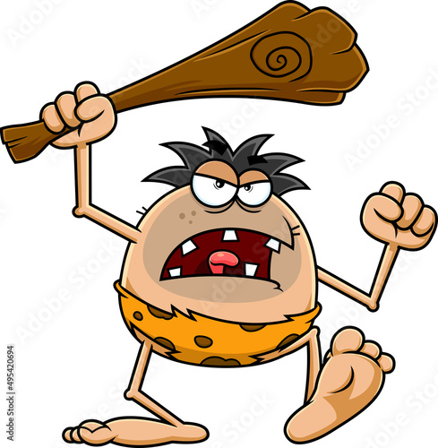 Angry Caveman Cartoon Character Swinging Club. Vector Hand Drawn Illustration Isolated On White Background