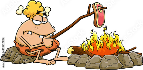 Cavewoman Cartoon Character Cooking Meat On Stick. Vector Hand Drawn Illustration Isolated On White Background