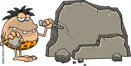 Caveman Cartoon Character Ready To Writing On Rock Blank Sign. Vector Hand Drawn Illustration Isolated On White Background