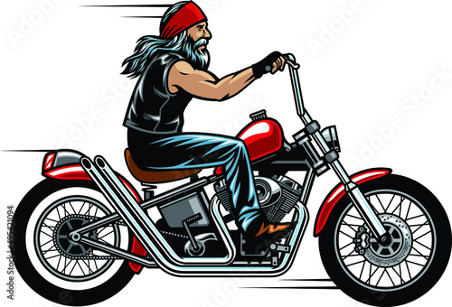 Foto Old man biker riding chopper motorcycle