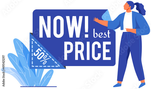 Hot best price on products of premium quality. Good deal for people. Female character offering, advertising sale vector illustration. Best price with discount in store. Woman on black friday sale.