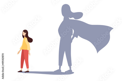 Businesswoman with superhero shadow. Confident strong woman. Emancipation and feminism symbol. Confidence concept. Vector flat illustration