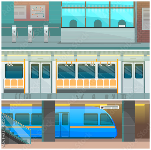 Entrance of railway station, transportation concept. Underground station platform, subway car interior and checkpoint in metro. Subway view set with train, turnstiles and checkout vector illustration