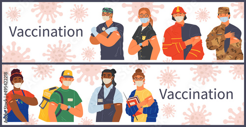 Stop coronavirus agitation concept. Vaccination promo, immunization of workers. Vaccine saves lives. People wearing protective mask showing their arm with bandage after receiving covid-19 vaccine