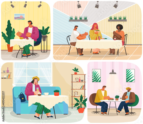 Set of illstrations about people sitting at cafe. Communication, work and pastime in restaurant. Characters in catering establishment with food and drinks on table. Eating in restaurant, cafe