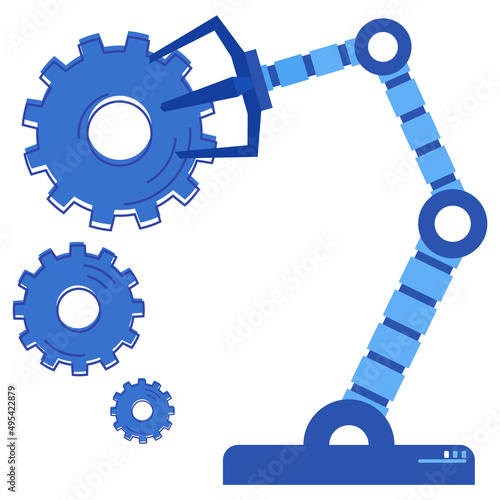 Industrial automated arm for conveyor. Production machine for factory automation, conveyor assembly, mechanical industrial automate. Robotic arm picks up gear. Technical production equipment