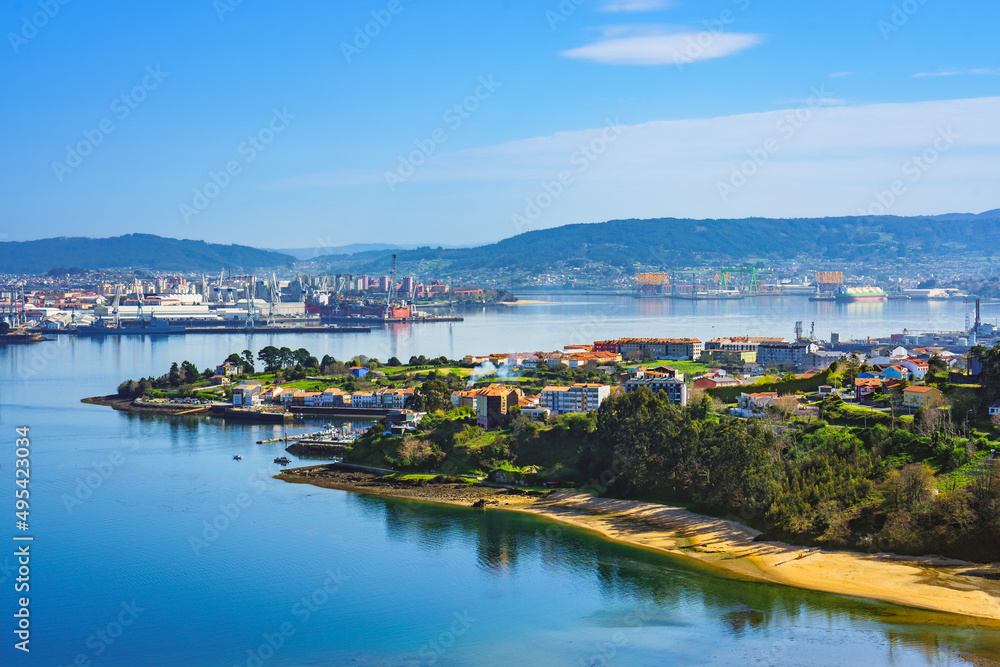 Panoramic view of Ferrol estuary from an elevated viewpoint in Galicia Spain