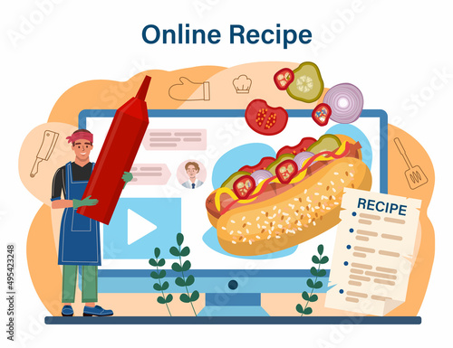 Hot dog online service or platform. Unhealthy fast food cooking