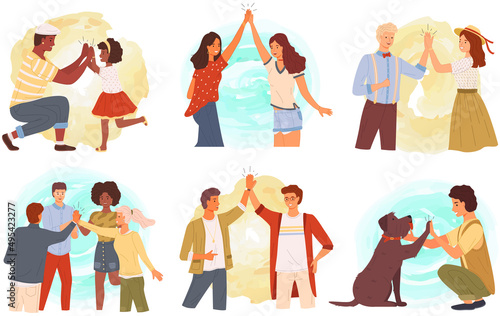 People giving high five, standing with hands together. Men and women greeting each other. Cartoon characters give five and rejoice. Happy team, colleagues during greeting isolated on white background