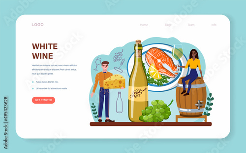 Wine web banner or landing page. Grape wine in a bottle and glass full