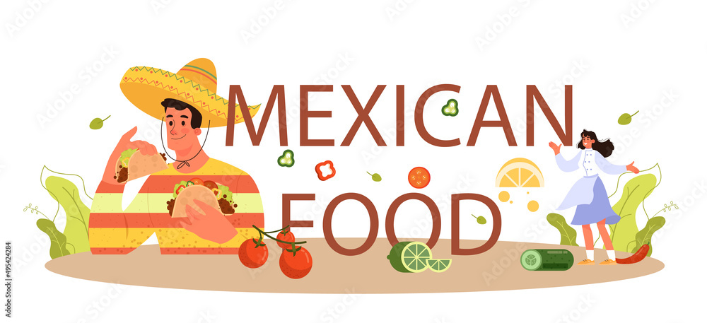 Mexican food typographic header. Traditional tacos with forcemeat