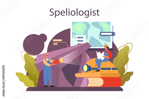 Speleologist concept. Scientst exploring deep cave with special photo