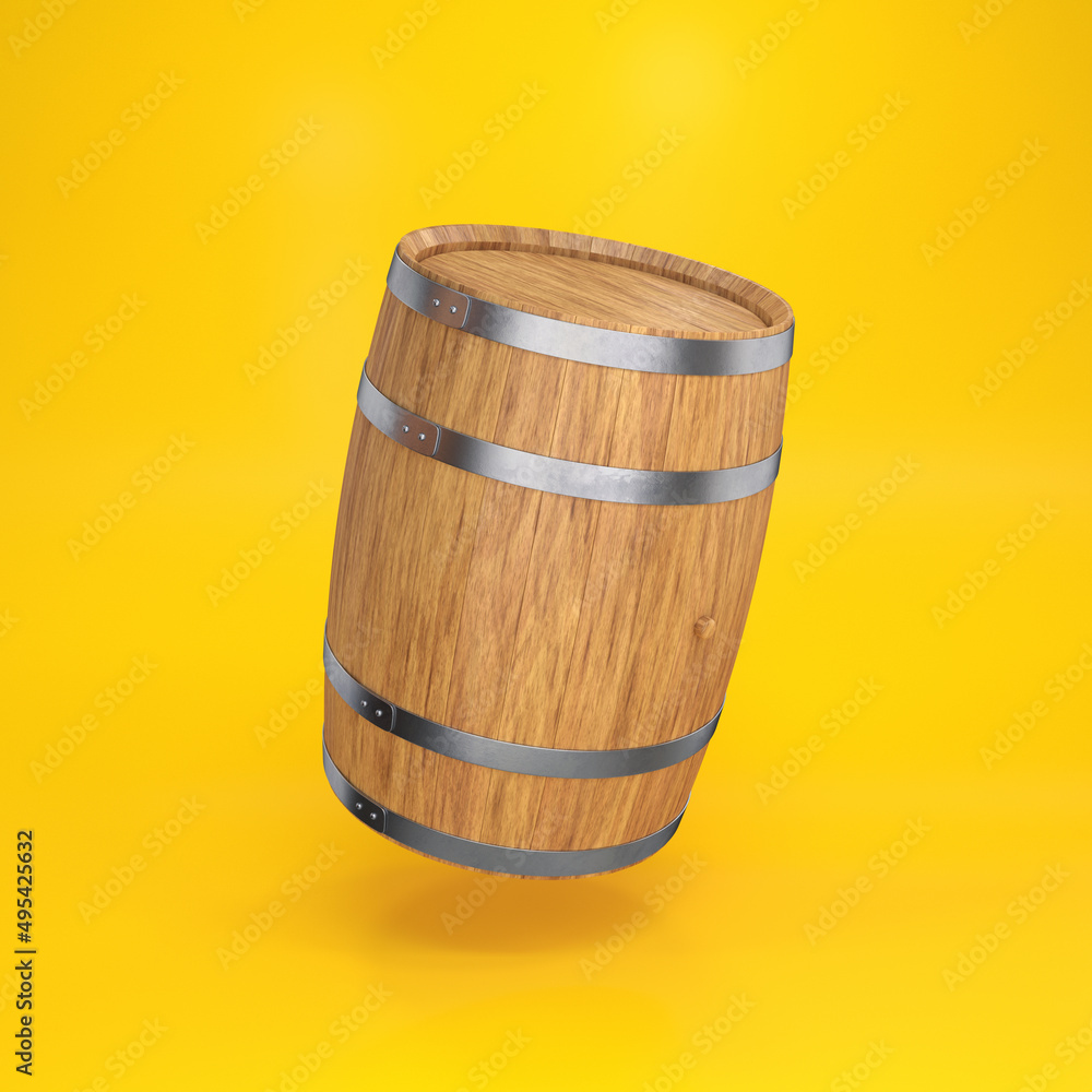 Obraz premium Wooden barrel made of light wood floating on a yellow background, 3d render