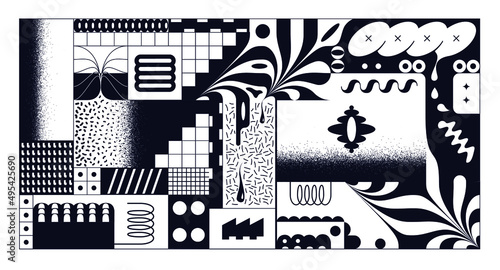 Abstract surreal black background combined from pieces of memphis patterns and geometric shapes in the style of brutalism. Vector illustration